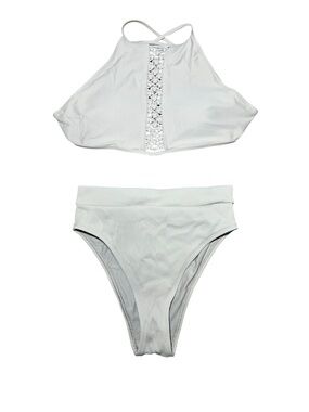 Aerie Gray Crochet Halter Top & Ribbed Bikini Bottom Swim Set